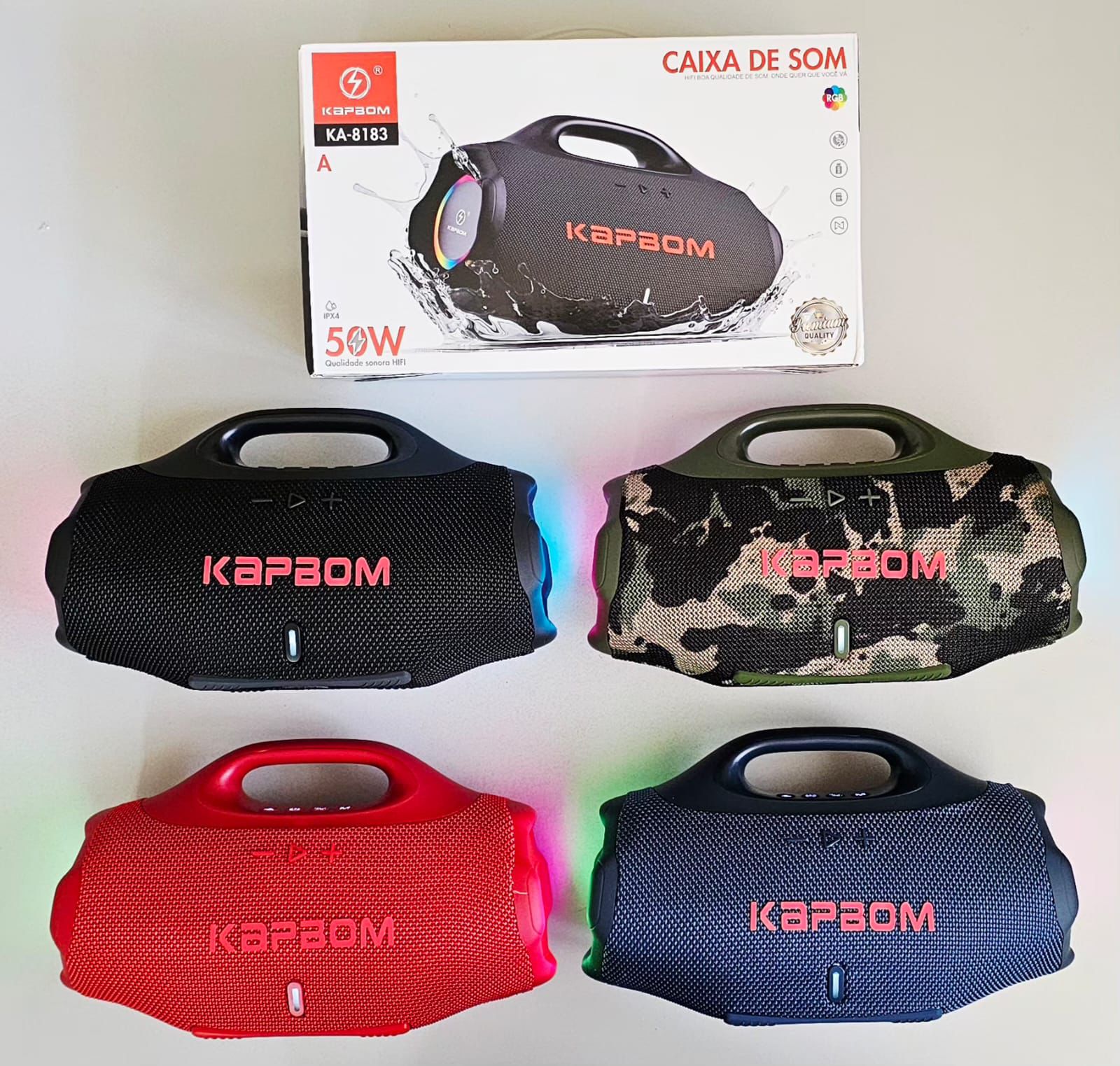 Caixa de Som Bluetooth Kapbom KA-8183 50W Potente - Som Hi-Fi e LED RGB